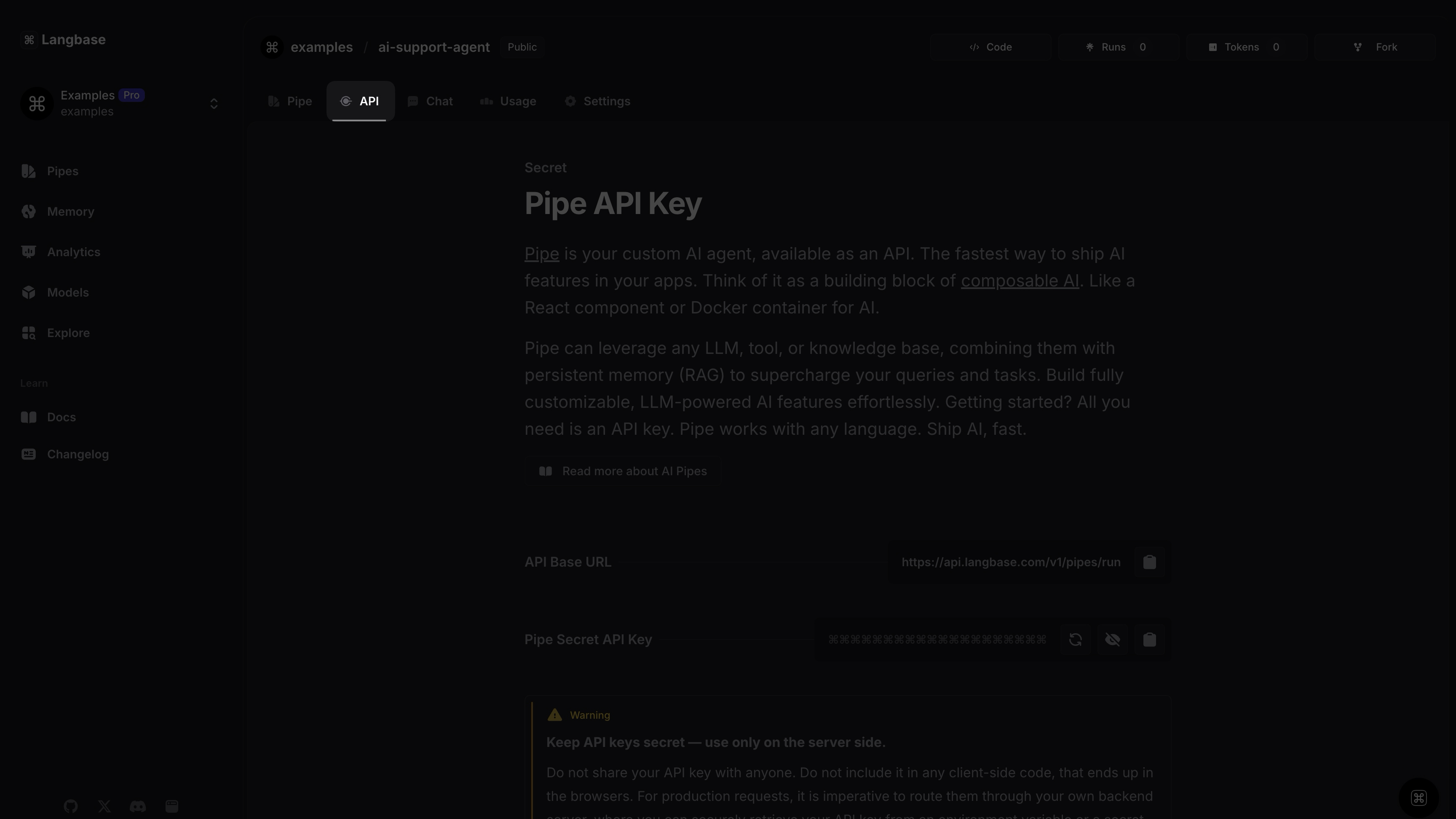 Langbase Pipe API Section